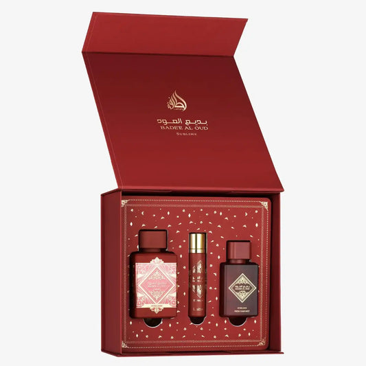 Red Badée Al Oud Sublime gift set with perfume bottle, spray, and body mist in decorative box