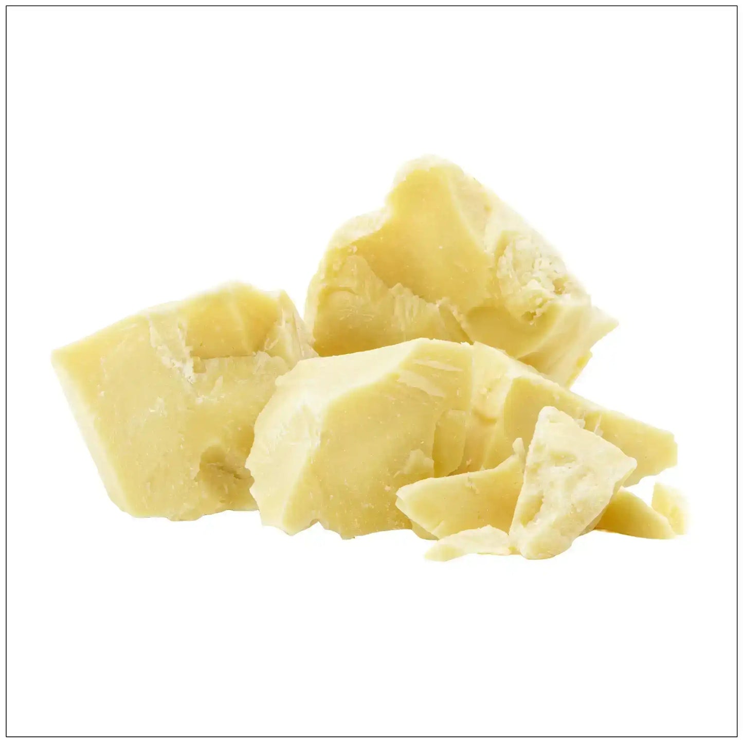 Chunks of natural yellow cocoa butter on white background