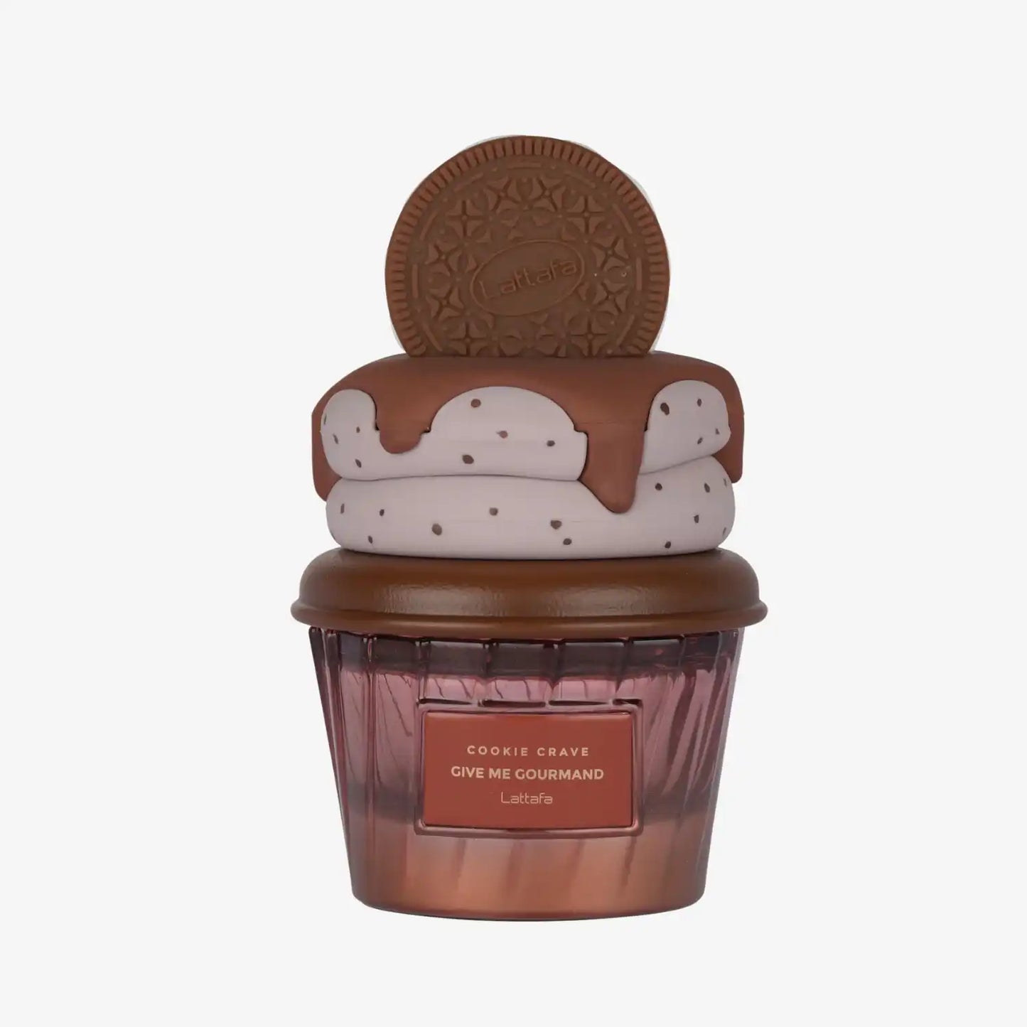 Cookie-themed perfume bottle with chocolate drizzle, cream swirl, and biscuit topper