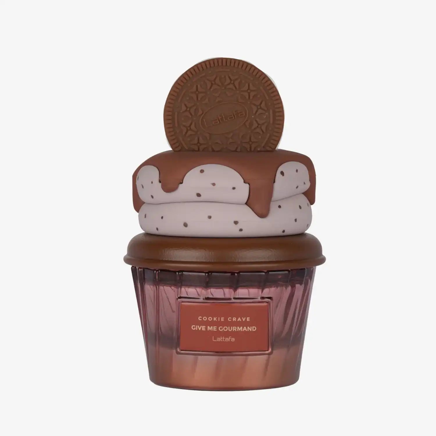Cookie-themed perfume bottle with chocolate drizzle, cream swirl, and biscuit topper