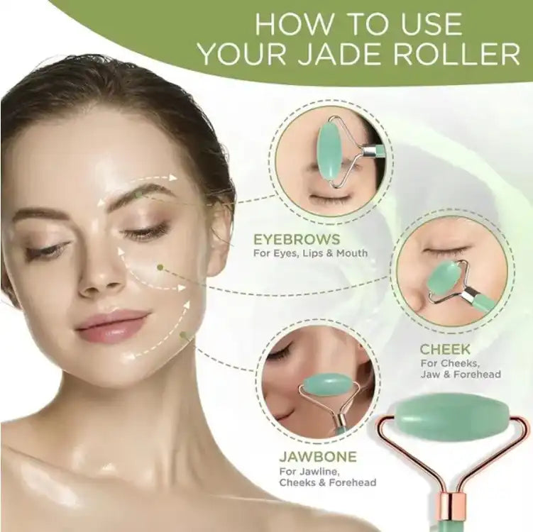 Woman demonstrating jade roller on face with guide for eyebrows, cheeks, jawline use