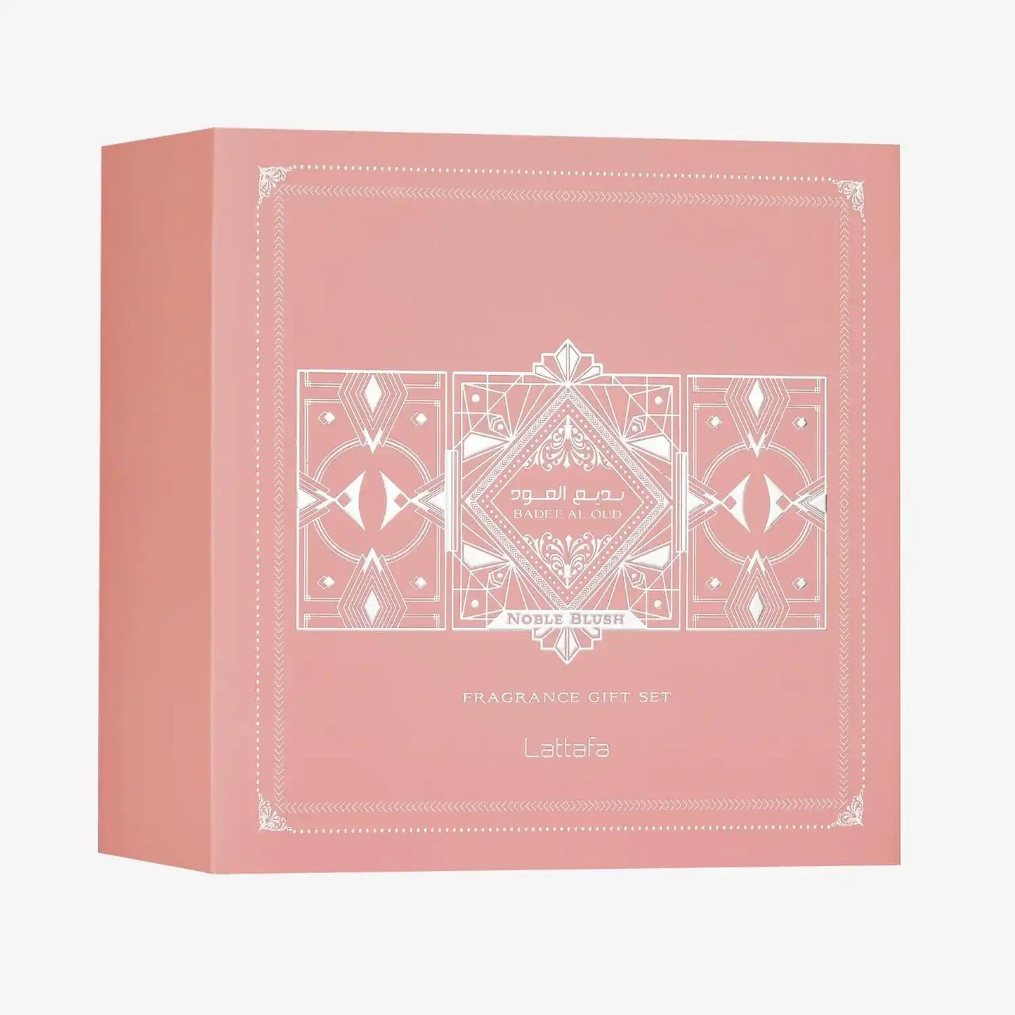 Pink Badee Al Oud Noble Blush fragrance gift set box with white geometric design