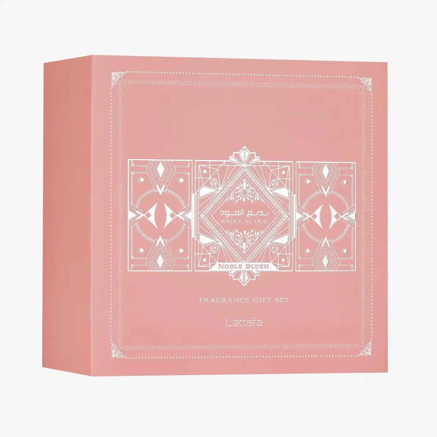 Pink Badee Al Oud Noble Blush fragrance gift set box with white geometric design