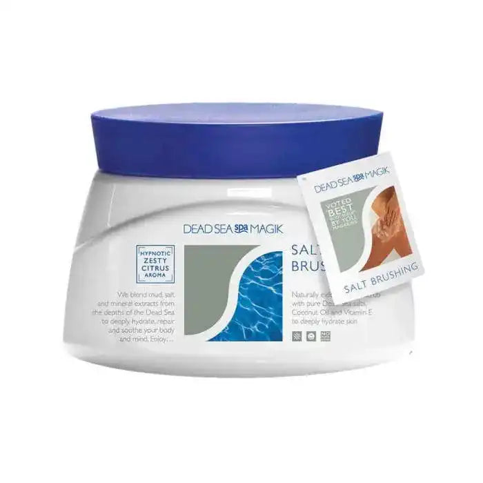 Dead Sea Spa Magik Salt Brushing scrub with zesty citrus aroma, hydrating body care with Dead Sea minerals