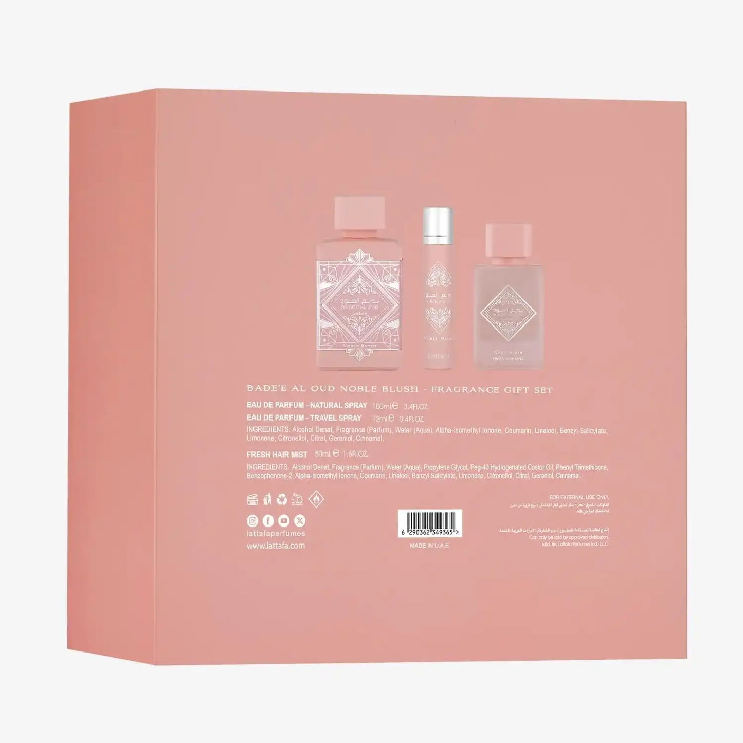 Middle Eastern fragrance gift set in blush pink packaging with ornate designs and product details.