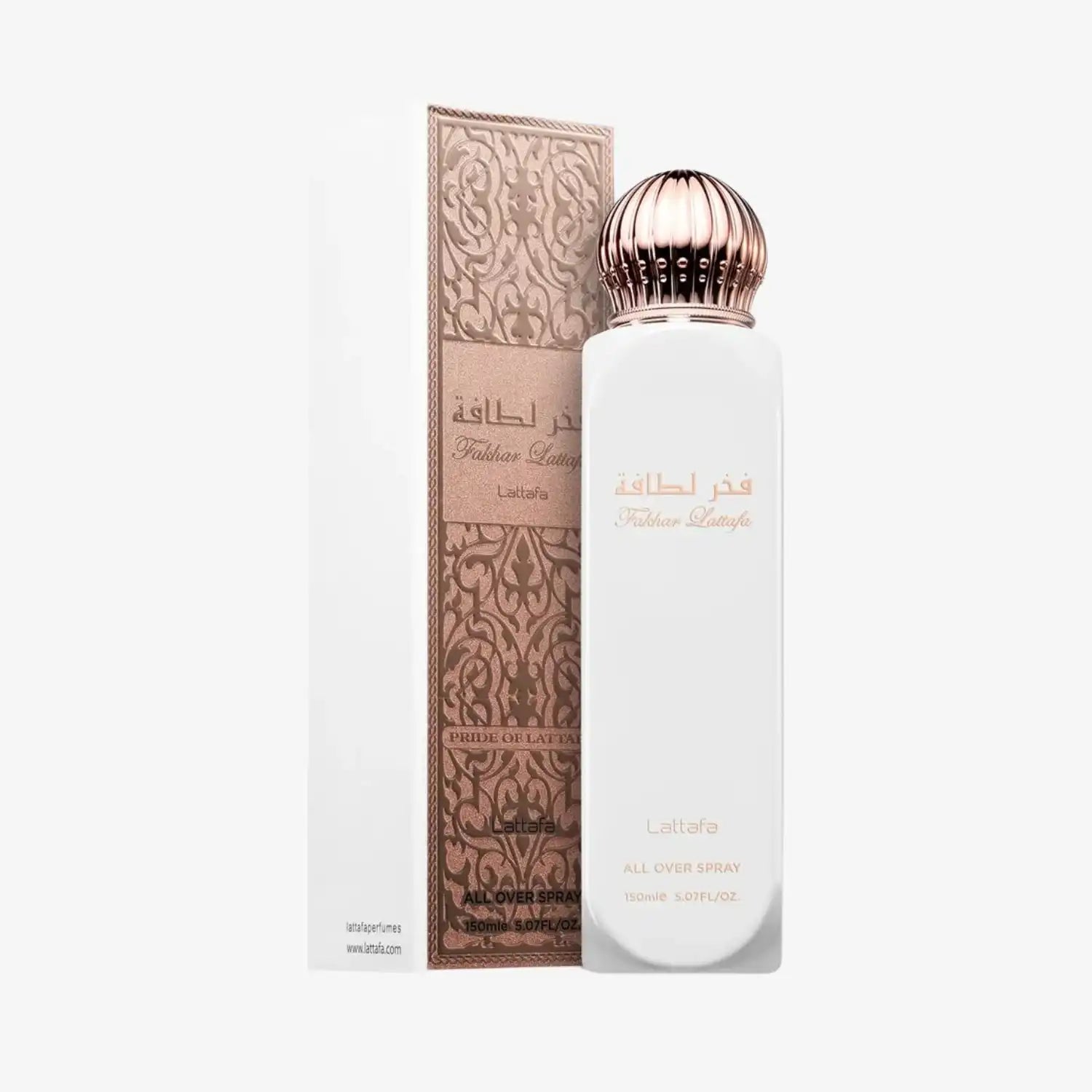 Lattafa Fakhar all over spray bottle with ornate rose gold cap and decorative box