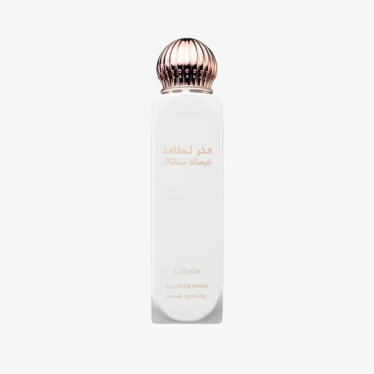 Lattafa Fakhar all over spray in elegant white bottle with gold cap, 150ml.