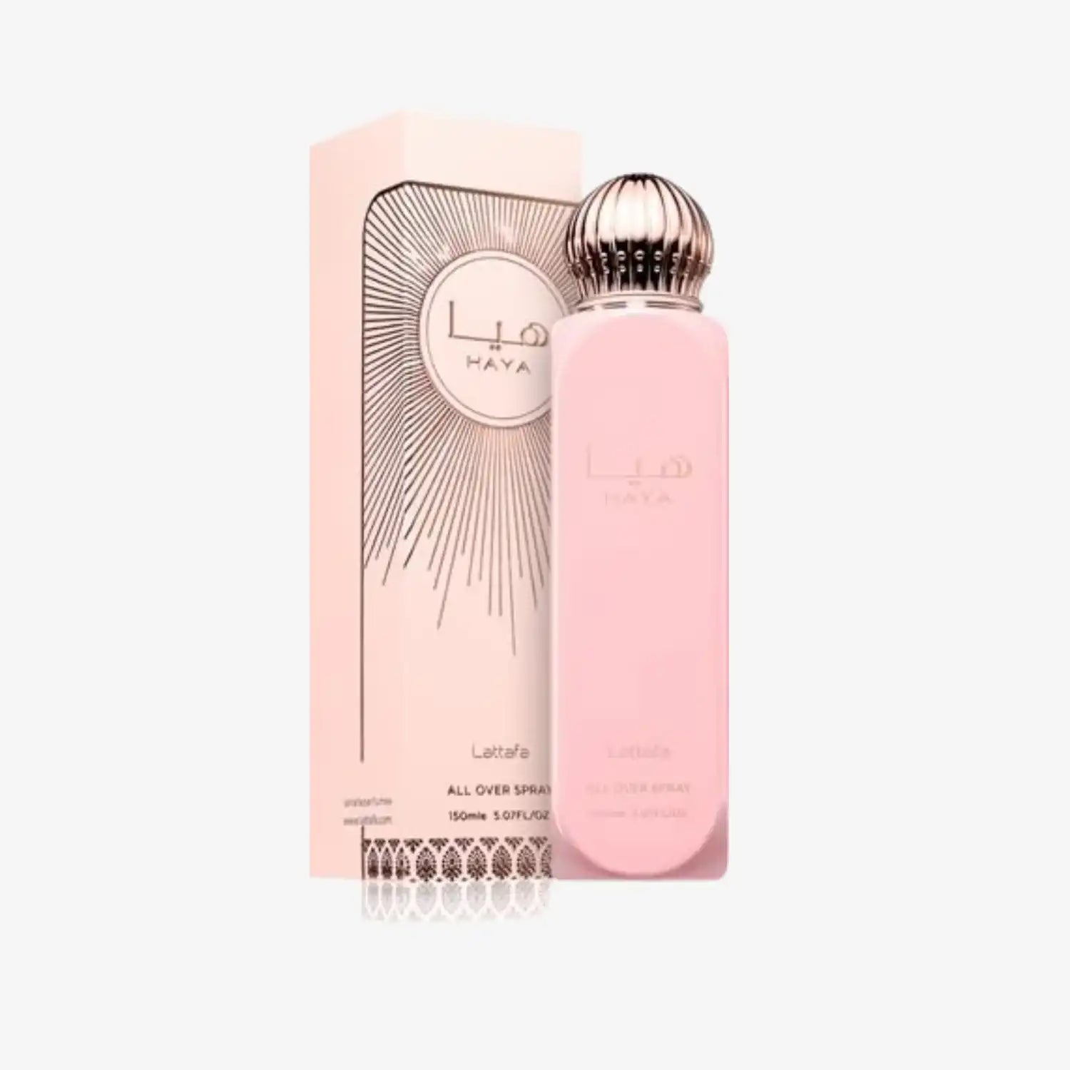 Haya All Over Spray perfume bottle and box, pink packaging, Arabic and English text visible