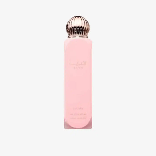 Pink Haya all-over spray bottle with gold cap, elegant Middle Eastern fragrance