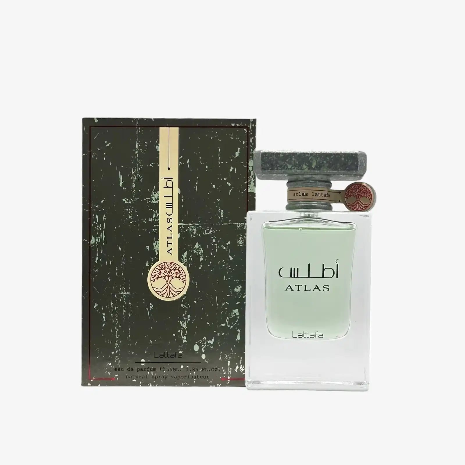 Atlas Lattafa perfume bottle and box with Arabic script, luxury fragrance product