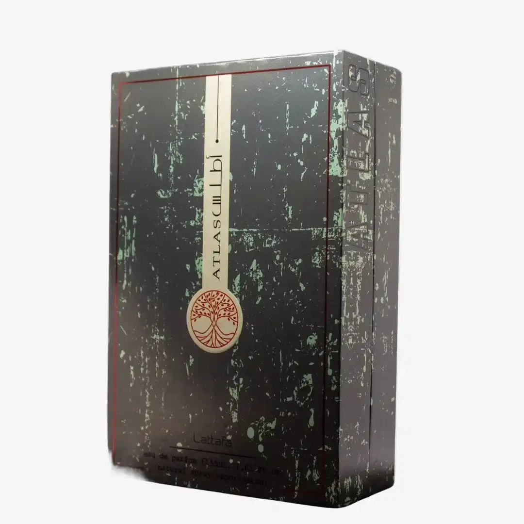 Atlas Latafa perfume box with distressed black design and gold tree emblem