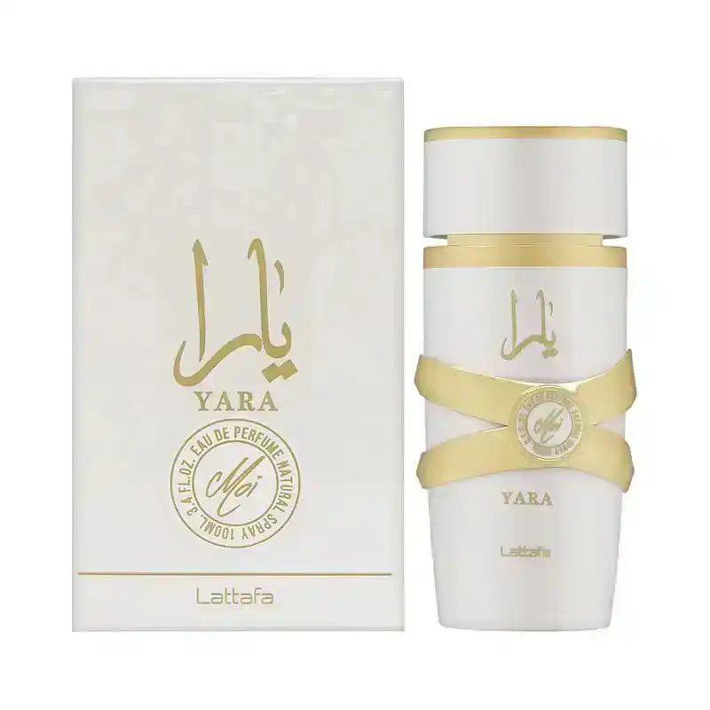 Lattafa Yara Moi EDP 100ml perfume bottle and box in white with gold accents