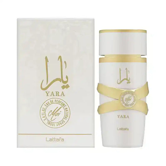 Lattafa Yara Moi EDP 100ml perfume bottle and box in white with gold accents