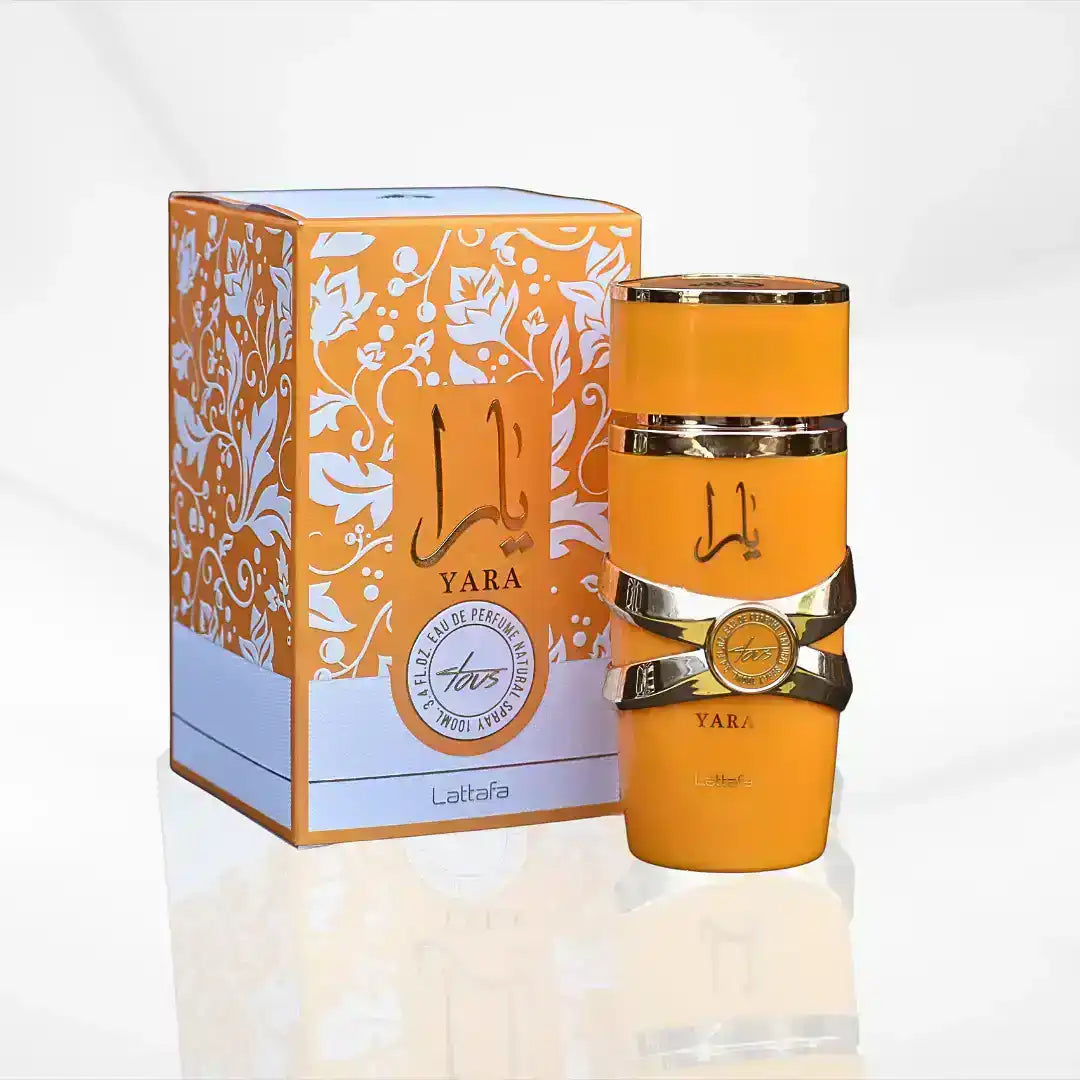 Yara Tous Eau de Parfum 100ml orange bottle with gold accents and decorative box