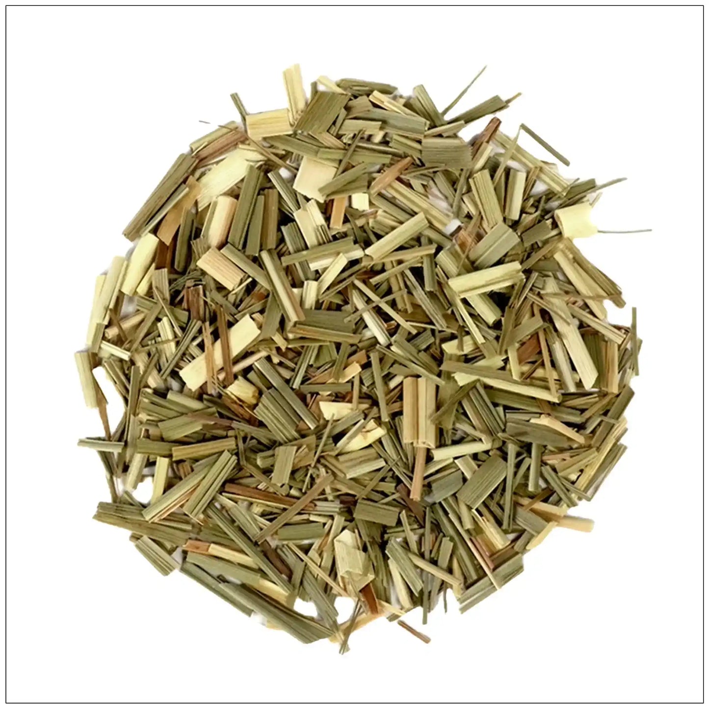 Close-up of dried lemongrass herb cut into small pieces on white background
