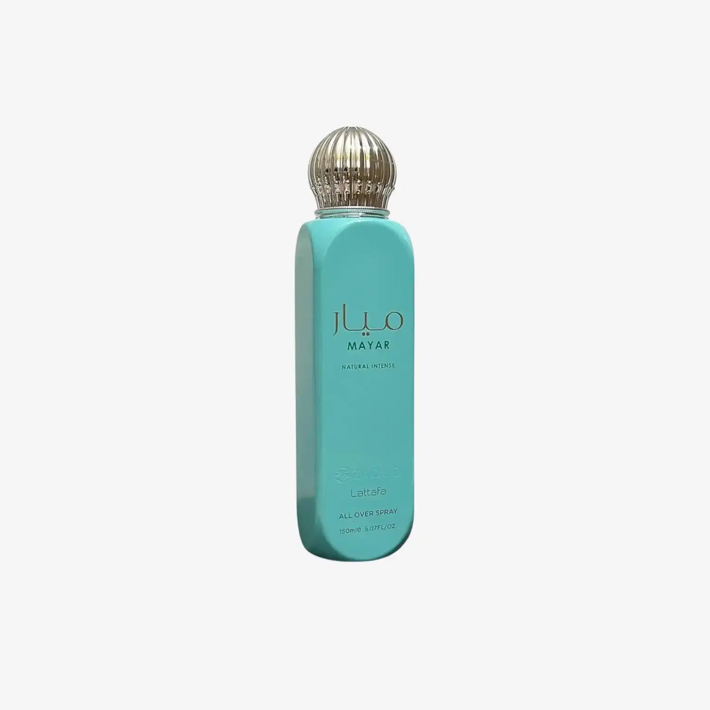 Turquoise Mayar Natural Intense all over spray bottle with gold cap on white background