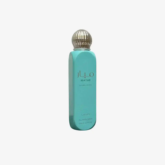 Turquoise Mayar Natural Intense all over spray bottle with gold cap on white background