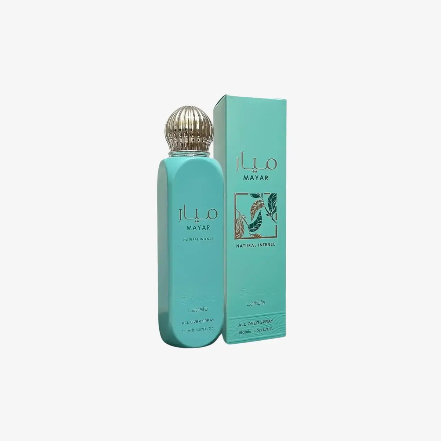 Mayar Natural Intense all over spray 150ml bottle and box, turquoise packaging, Middle Eastern fragrance