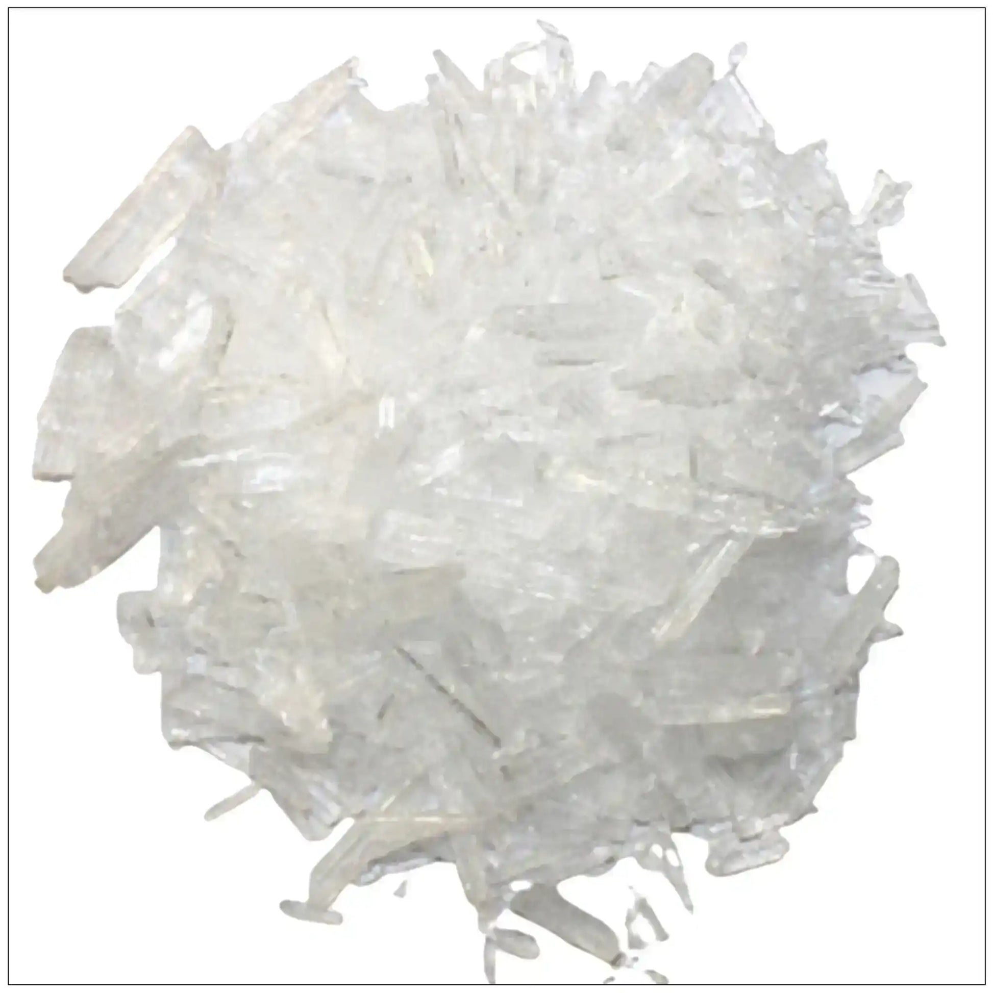 Close-up of transparent menthol crystals cluster on white background