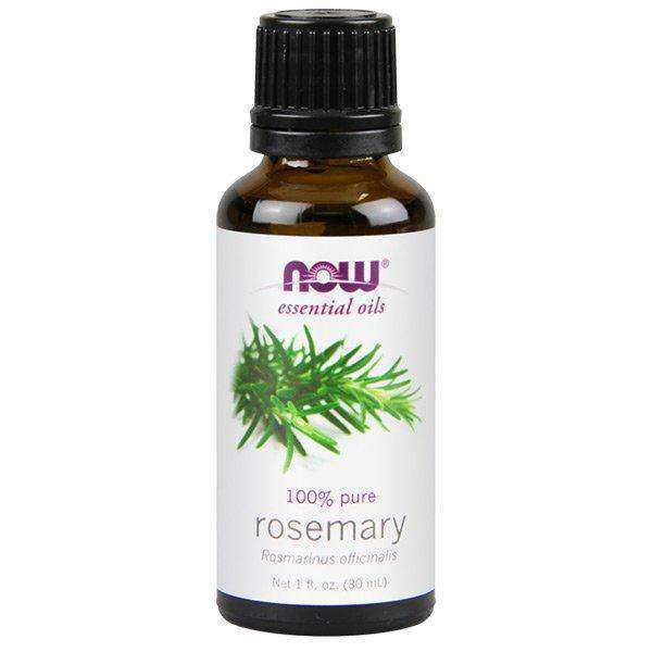 1 oz amber bottle of 100% pure rosemary essential oil with green rosemary illustration