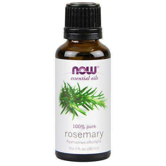 1 oz amber bottle of 100% pure rosemary essential oil with green rosemary illustration