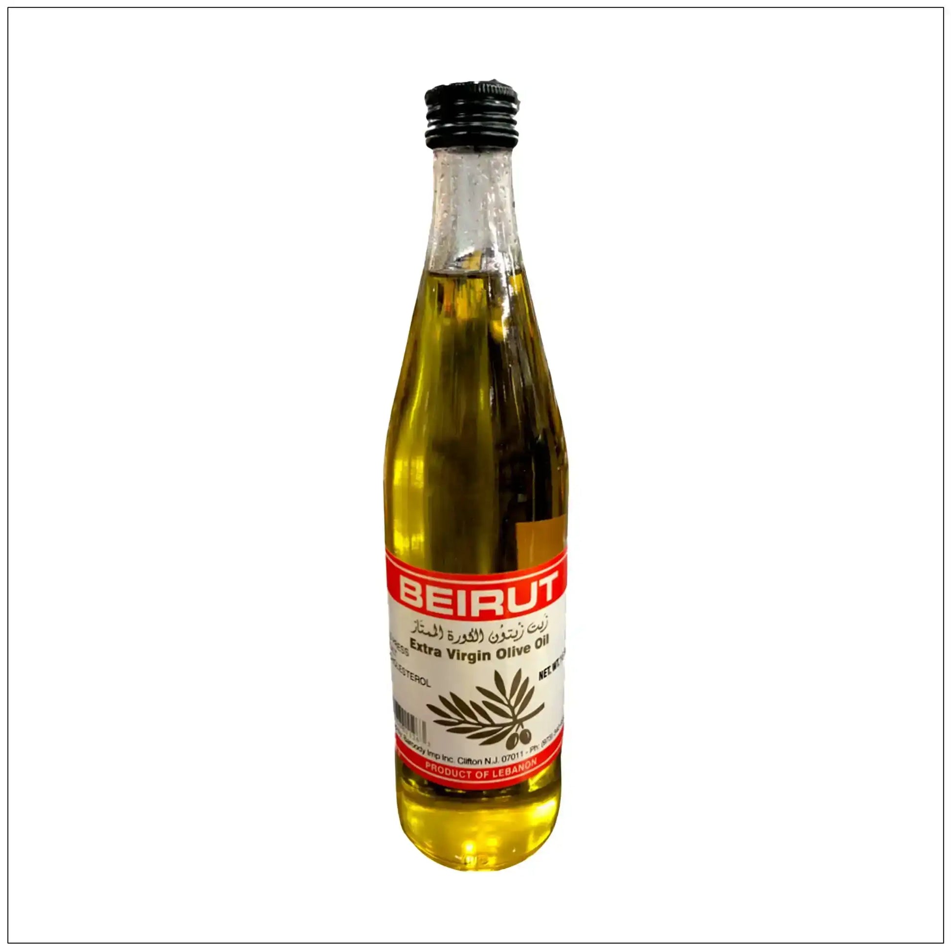 Bottle of Beirut Extra Virgin Olive Oil with red and white label, product of Lebanon
