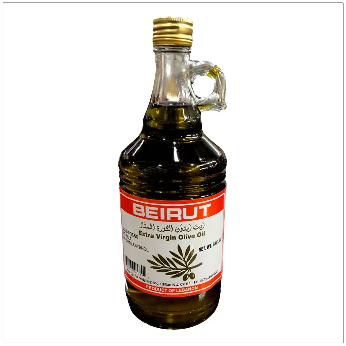 28 oz glass bottle of Beirut brand extra virgin olive oil with red and white label