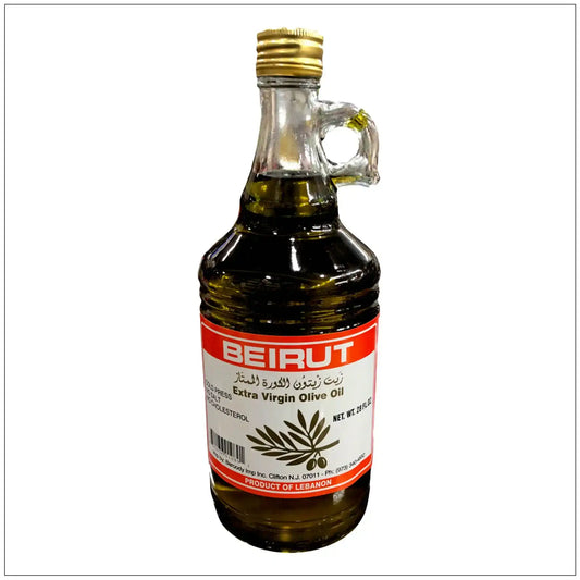 28 oz glass bottle of Beirut brand extra virgin olive oil with red and white label