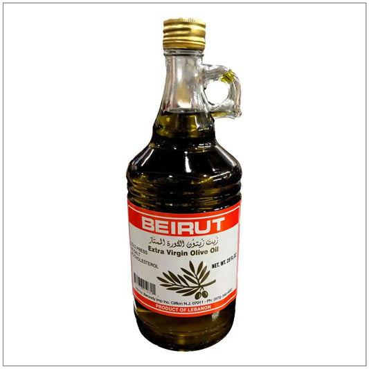 28 oz glass bottle of Beirut extra virgin olive oil with red and white label