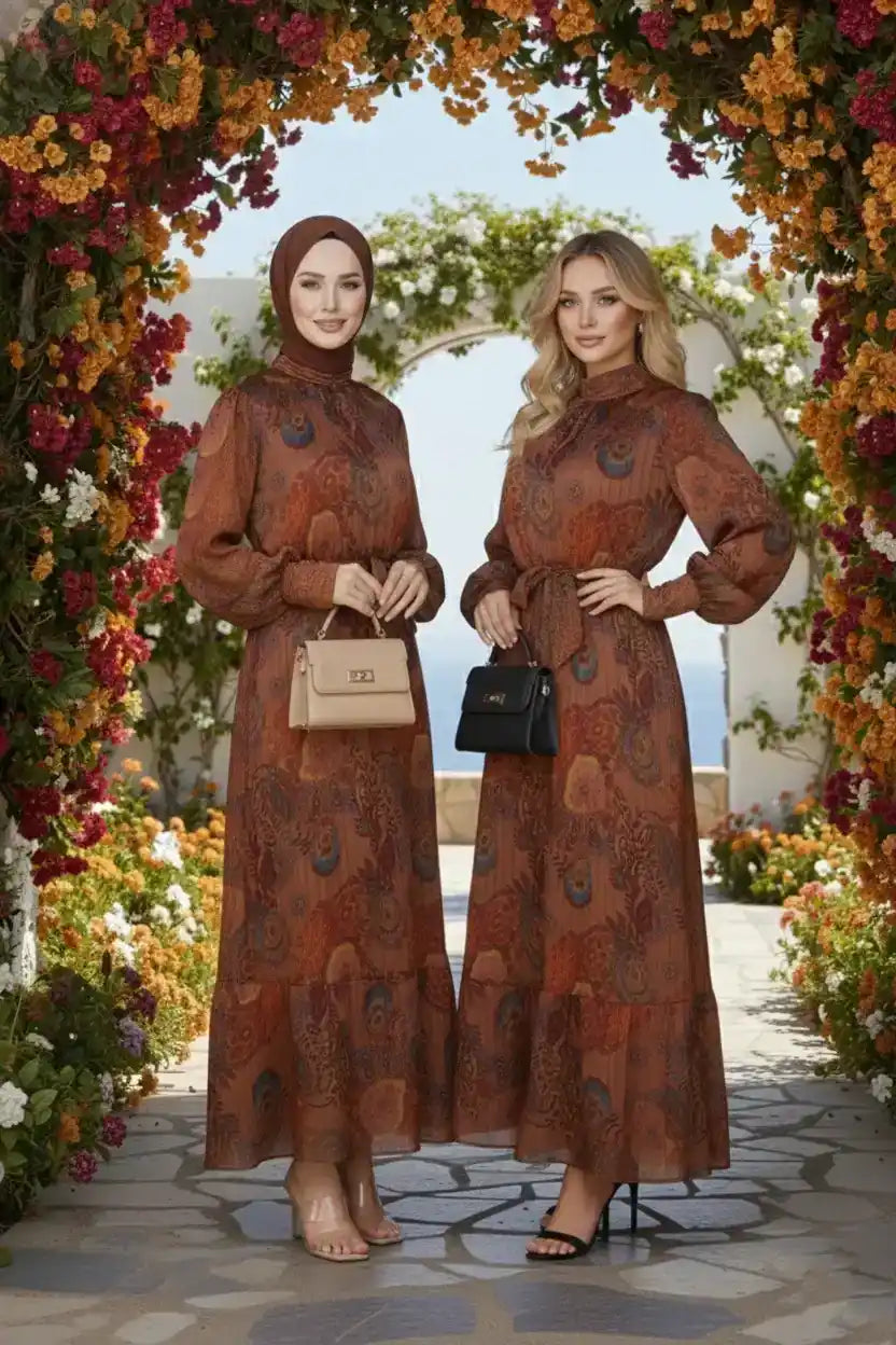 Retro Paisley Print Belted Chiffon Modest Maxi Dress – Brown