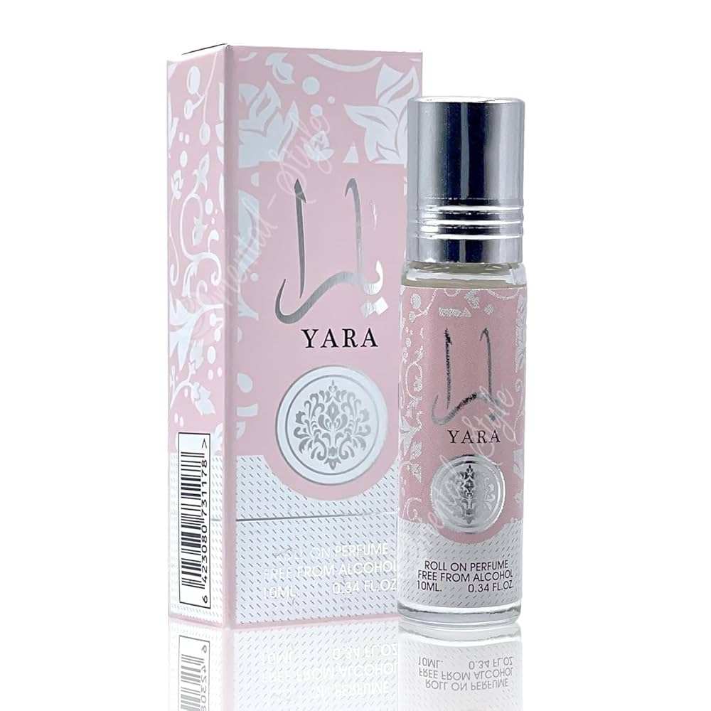 Yara roll-on perfume bottle and box, pink floral design, 10ml alcohol-free fragrance