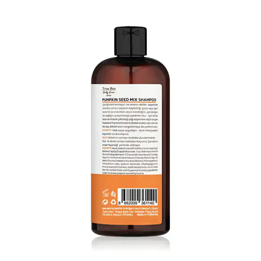 Pumpkin Seed Mix Shampoo bottle back label with ingredients and Turkish text, made in Turkey