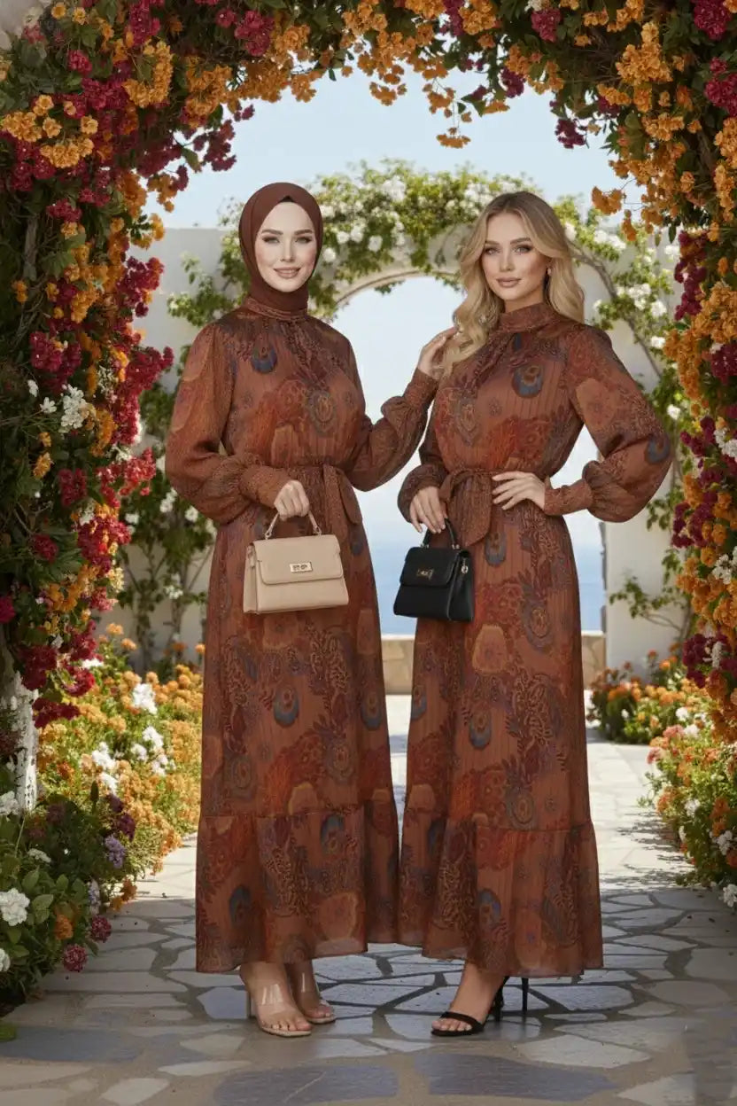 Retro Paisley Print Belted Chiffon Modest Maxi Dress – Brown
