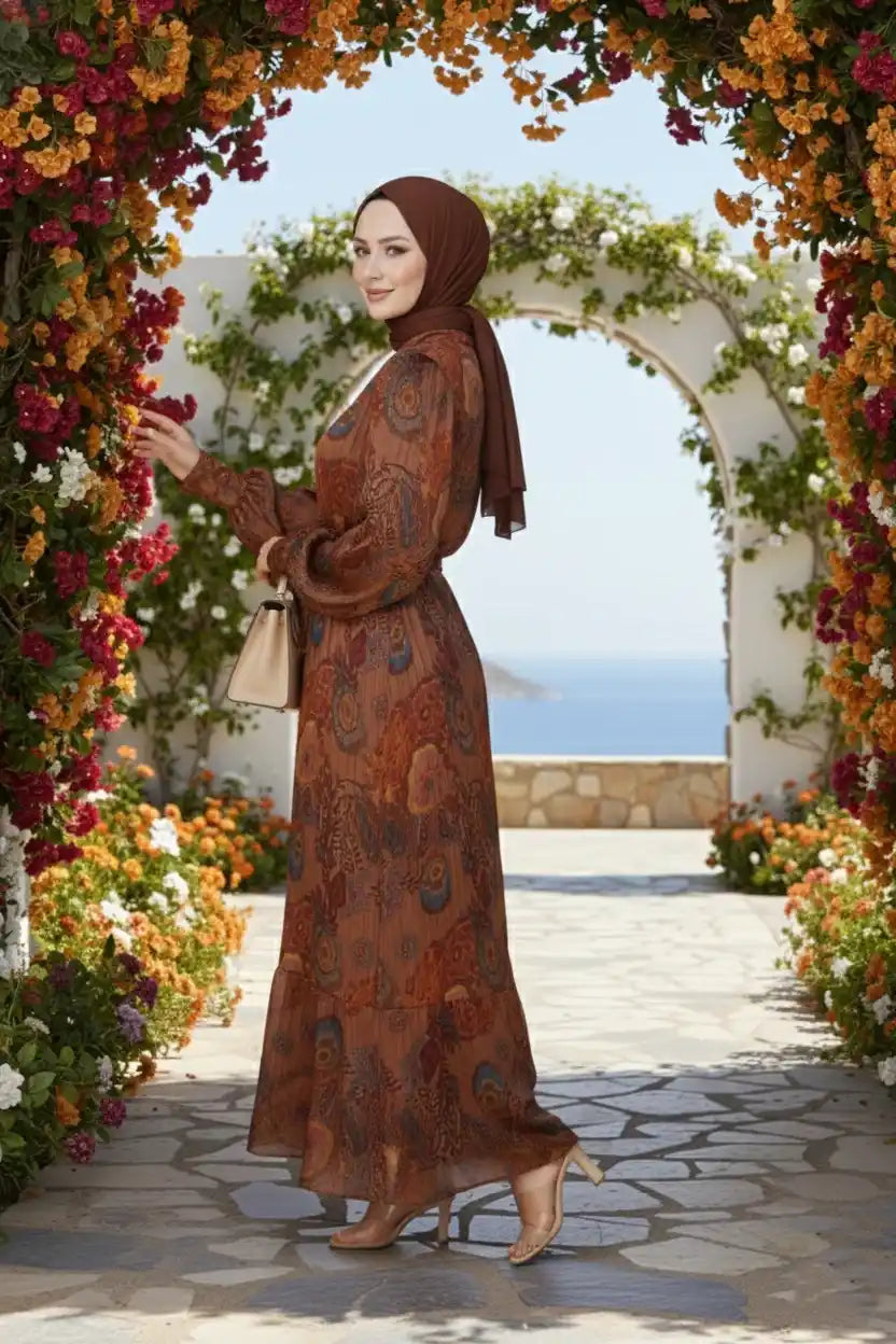 Retro Paisley Print Belted Chiffon Modest Maxi Dress – Brown