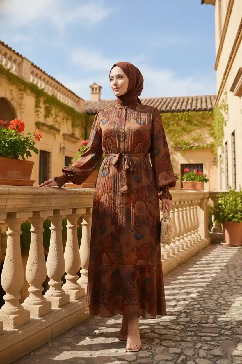 Retro Paisley Print Belted Chiffon Modest Maxi Dress – Brown