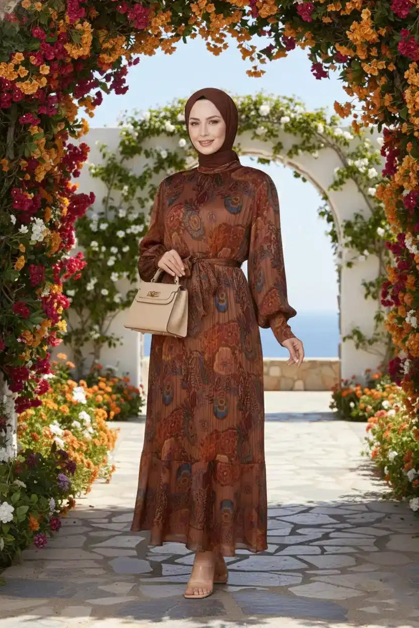 Retro Paisley Print Belted Chiffon Modest Maxi Dress – Brown