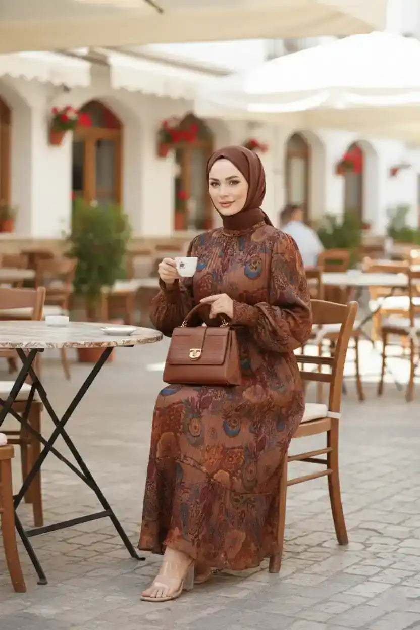 Retro Paisley Print Belted Chiffon Modest Maxi Dress – Brown