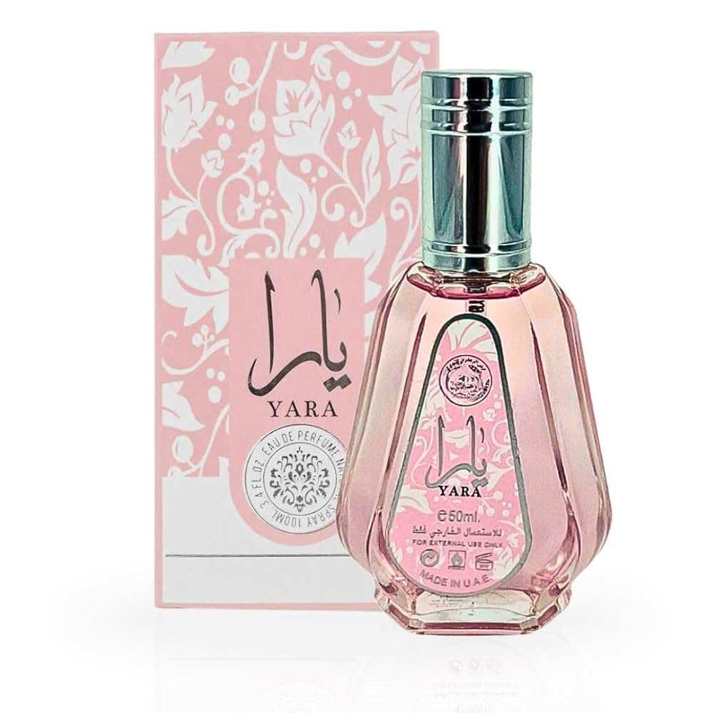 Yara 50ml eau de parfum bottle with pink floral box, Middle Eastern fragrance