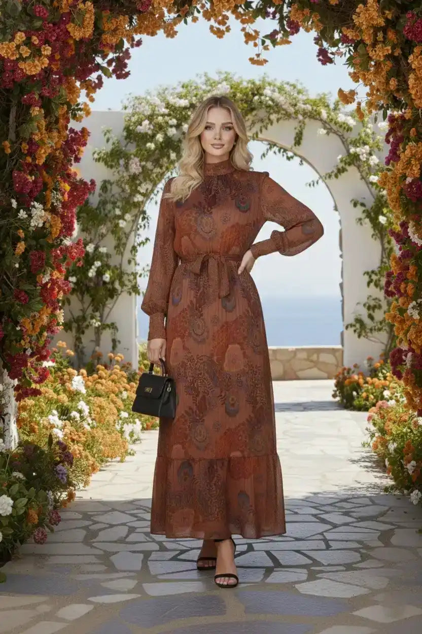 Retro Paisley Print Belted Chiffon Modest Maxi Dress – Brown