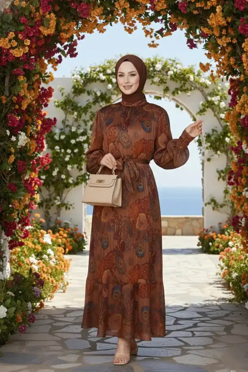 Retro Paisley Print Belted Chiffon Modest Maxi Dress – Brown