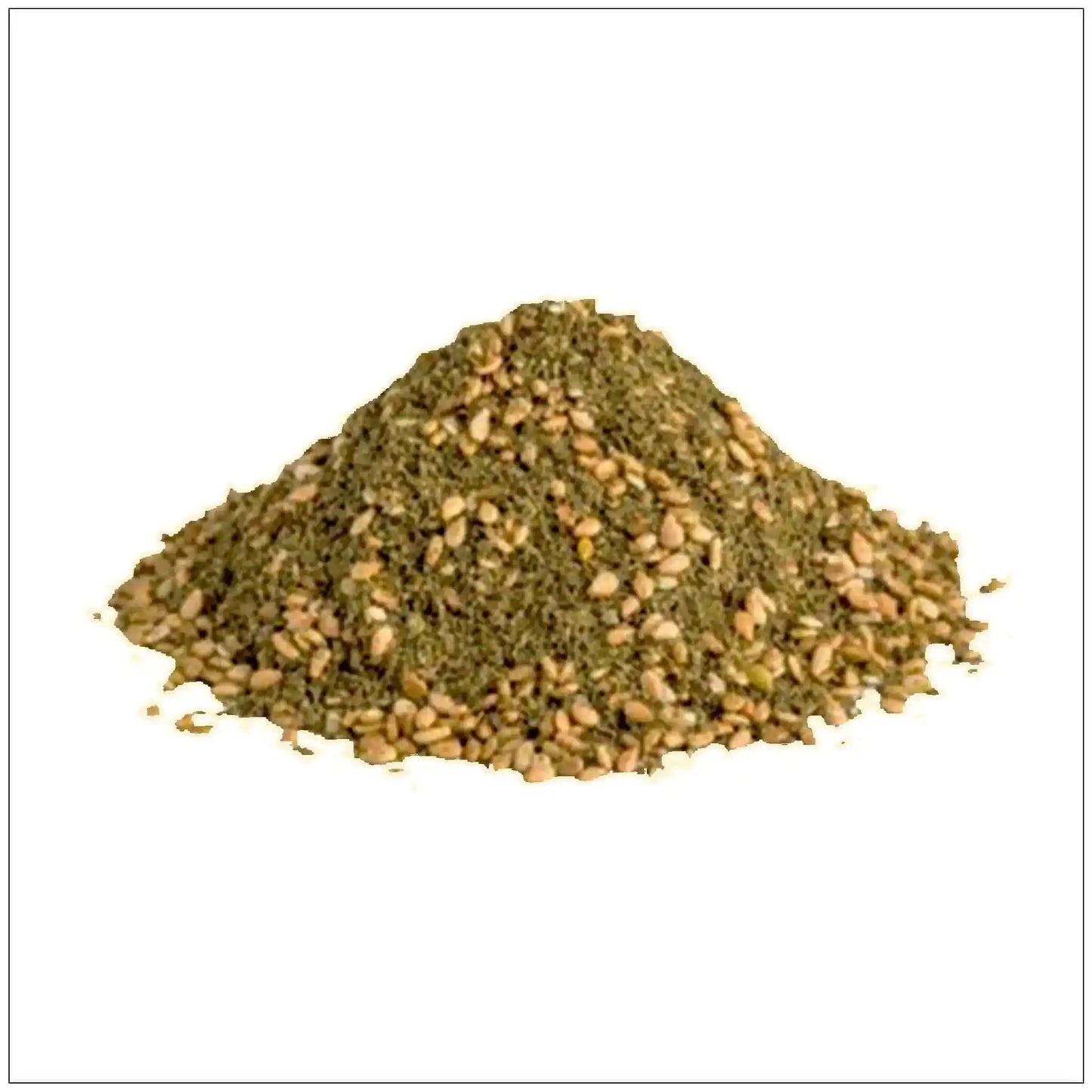 Pile of zaatar spice blend with visible sesame seeds on white background