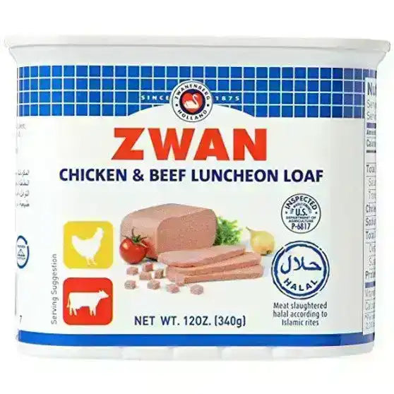 Zwan chicken and beef halal luncheon loaf 340g can with serving suggestion and halal certification